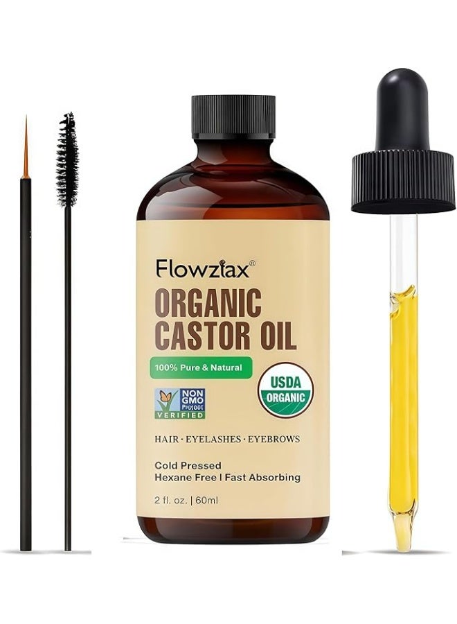Flowziax Organic Castor Oil, USDA Certified, 100% Pure, Hexane Free, Cold Pressed, for Eyelashes Eyebrows Hair Growth, with Eyebrow & Eyelash Brush, 60ml - Image 1